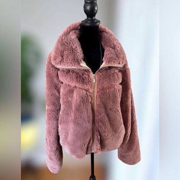 Anthropologie Faux Fur Jacket Teddy Bomber Chevron Detail Size L - Picture 16 of 16